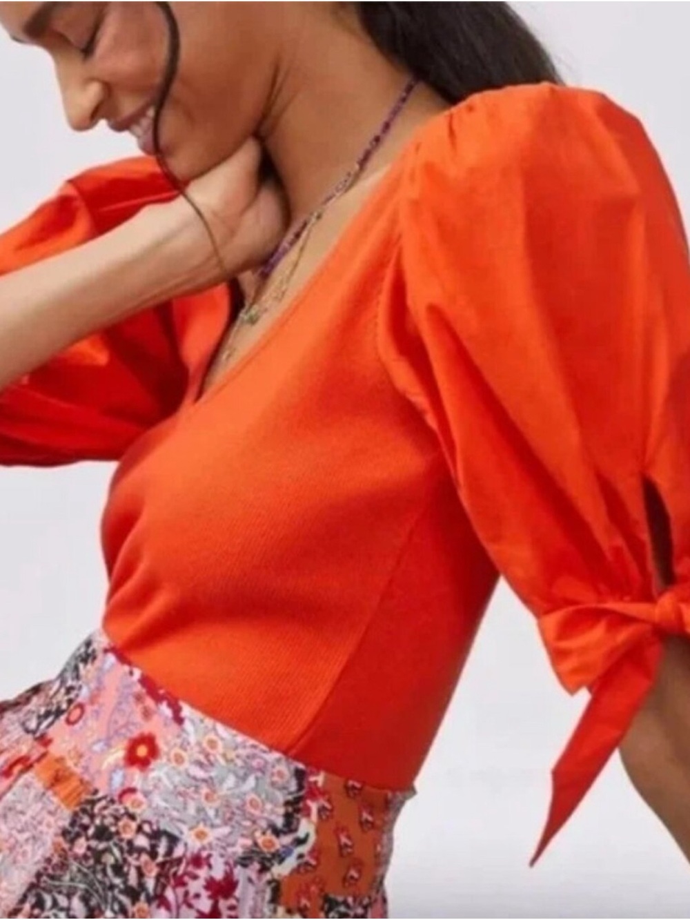 Anthropologie Maeve Orange Puff Tie Sleeve V‎ Neck Ribbed Top